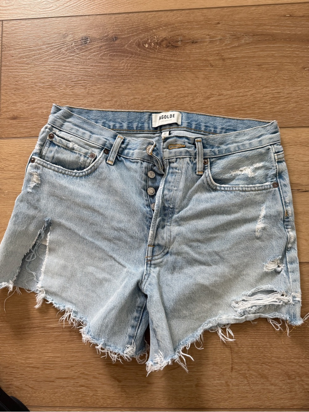 Agolde Light Blue Distressed Denim Cutoff Shorts